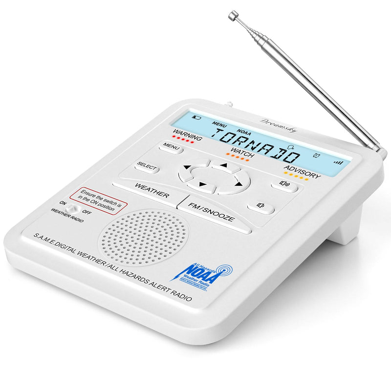 DreamSky Weather Radio NOAA Alert with Battery Backup & FM Radio for Home | S.A.M.E. Localized County Code Programming, 80+ All Hazards Emergency Alerts, 3 Alert Tones, Plug in Radios & Alarm Clock White