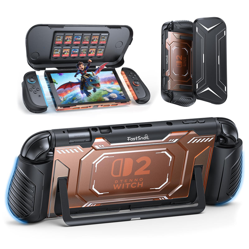 FASTSNAIL Switch 2 Dockable Case Cover for Nintendo 2 2025 & PC Front Cover | TPU Switch 2 Protective Case, Military Protection, Split Design, Non-Slip Ergonomic Grips for Joycon 2, 12 Game Slots, Orange Switch 2 Cover with Front Case