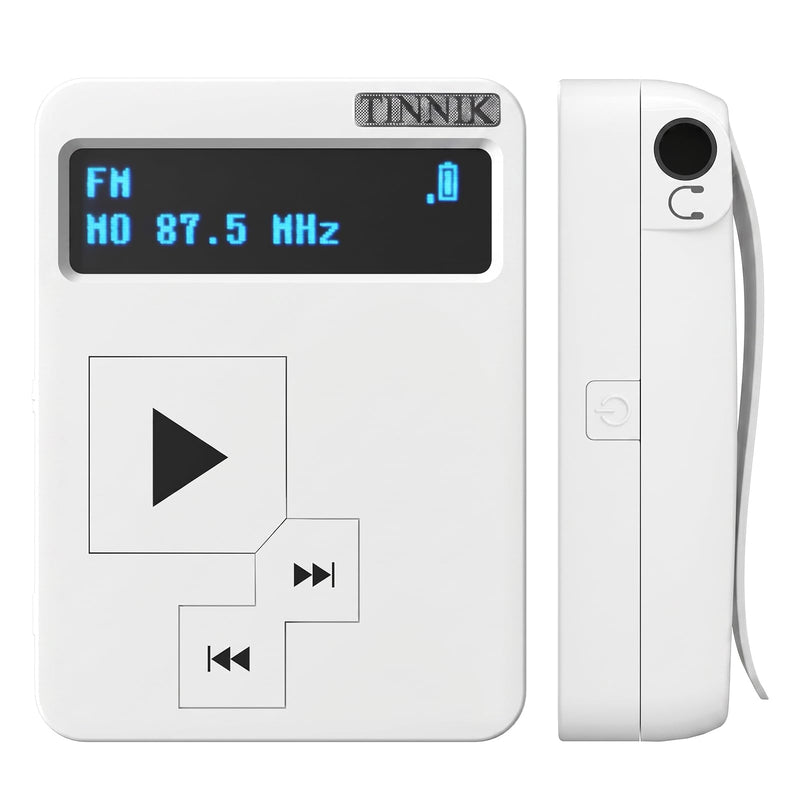 AM FM Mini Radio: Weight 27 Grams, Watch Size, Rechargeable USB, Personal Pocket Radio, OLED Screen, Clip, Button Lock, Digital Tuning, Timer, Stereo Headphones - FA298-WA white Modern