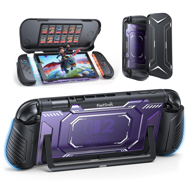 FASTSNAIL Switch 2 Dockable Case Cover for Nintendo 2 2025 & PC Front Cover | TPU Protective Case, Military Protection, Split Design, Non-Slip Ergonomic Grips for Joycon 2, 12 Game Slots, Deep Purple Switch 2 Cover with Front Case