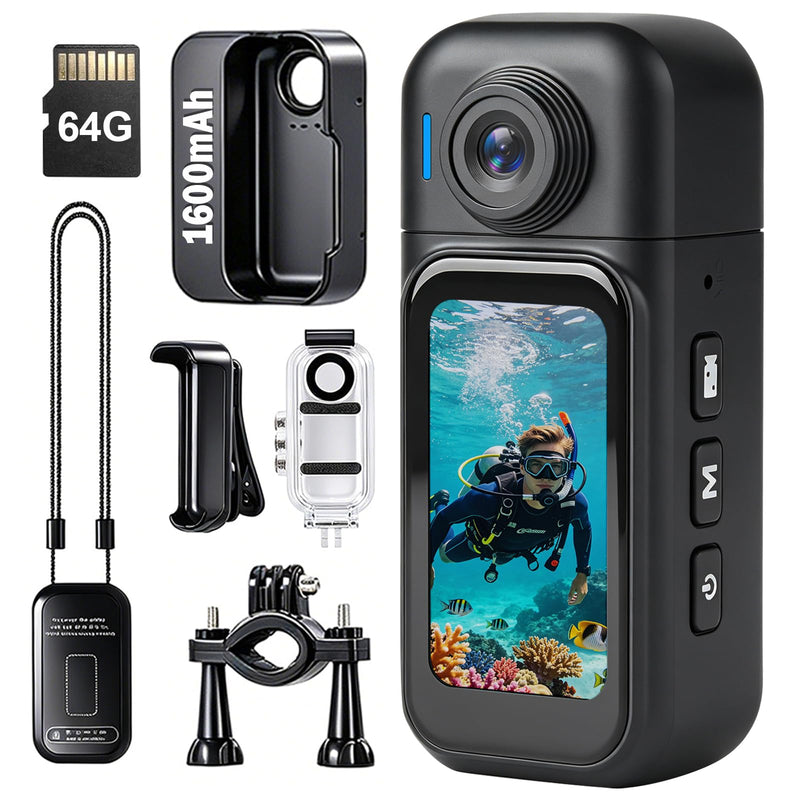 Mini Body Camera - Wearable POV Cam with Back Clip & Magnetic Lanyard 64GB | 6+Hours Recording, 180° Rotating Lens, 1.47" Touch Screen&Charger Base for Vlogging Travel Workers Cycling Motorcycle(Black)