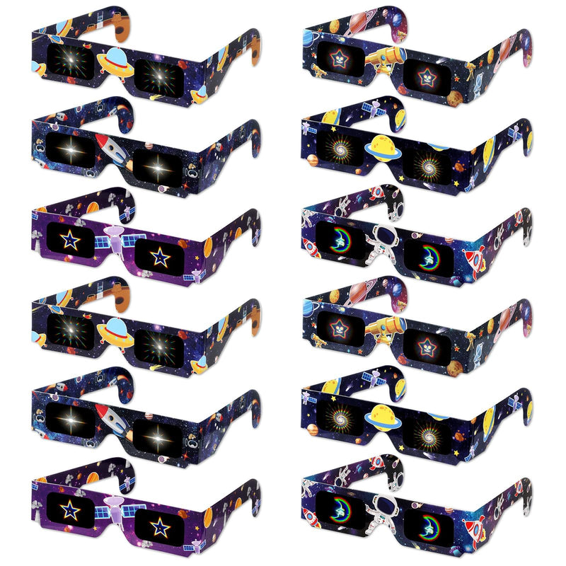 12PCS Outer Space Party Diffraction Glasses Solar System Decor Space Astronaut Birthday 3D Diffraction Paper Glass Galaxy Planet Party Refraction Glasses for Light Eyeglass Prop