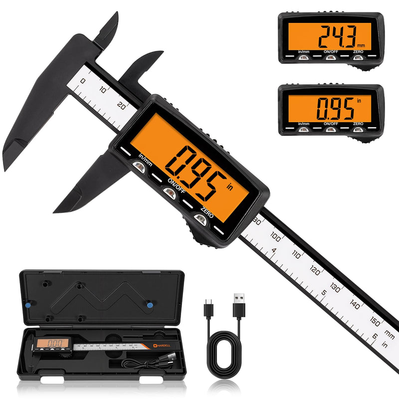 HARDELL Rechargeable Digital Caliper, 6" Plastic Calipers with Large Orange Screen (Non-Backlit), Inch/mm, Auto-Off Micrometer – Everyday Caliper Measuring Tool for Woodworking, DIY & Household