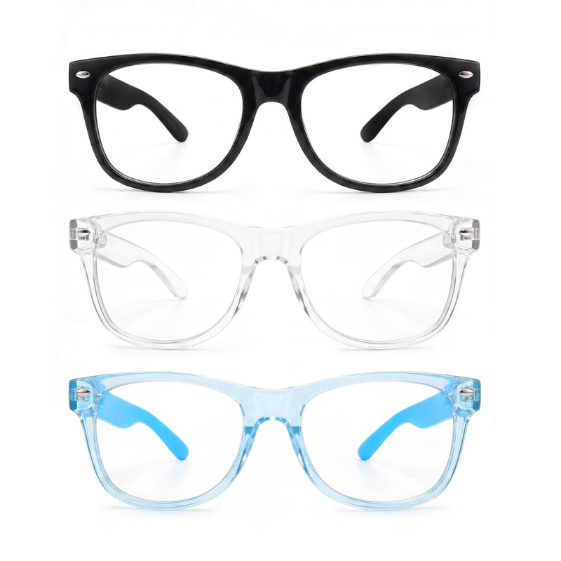 Blue Light Glasses for Kids Toddler Girls Boys 2-8 age | Kids Blue Bight Glasses 3pack Eyestrain Computer UV400 Anti Glare TR90 Unbreakable Black + White + Translucent Blue Age 2-8 Yrs
