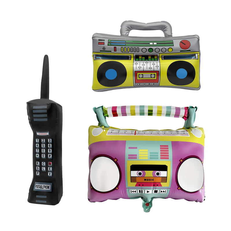 Inflatable Boombox & Phone & Radio Set 3PCS, 80s 90s Retro Party Decorations, Inflatable Mobile Phone & Pink Radio for Hip Hop Disco Rapper B-Boy Costume Accessories