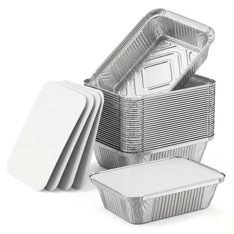 50 Pack Aluminum Pans with Cardboard Lids, 8.3"x6.2", 2.25 LB | Heavy duty disposable foil containers, trays for baking, meal prep, roasting, food storage 50 Pack Pans with Paper Lids