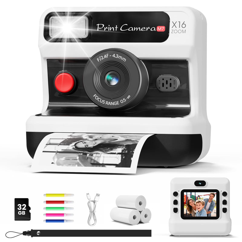 CalineGam Kids Instant Print Camera, 1080P HD Dual Lens with 32GB Card | 2.4" Screen Kids Camera with 3 Paper Rolls, 16X Zoom, Christmas Birthday Gifts for Girls and Boys Age 3-12 White