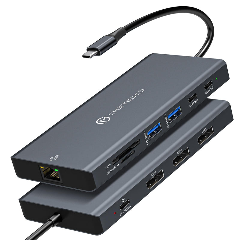 USB C Docking Station 3 Monitors 100W PD 12 in 1 Thunderbolt to Triple Displayport Monitors Docking Station USB C Hub Multiple Adapter, 2xUSB-C 3.2, 2xUSB-A 3.0, SD Card, 1000Mbps Ethernet Light Grey