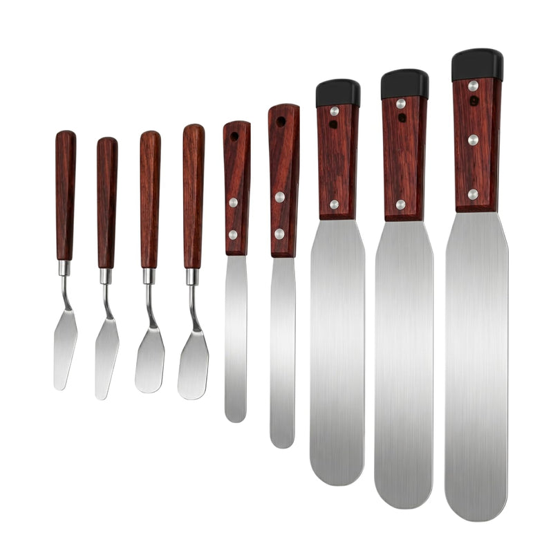 9-Piece Professional Caulking Spatula Set with Wooden Handle | 9-piece caulking tool kit with 1.0mm ultra-flexible stainless steel scraper, canvas bag for baseboards, sinks,tight gaps 9pcs Reddish Brown