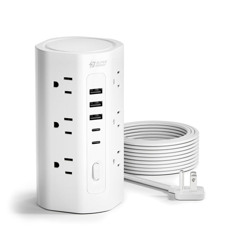 SUPERDANNY Tower Power Strip, 10Ft Extension Cord, 1700J, 12 AC 5 USB,White | 3 USB A, 2 USB C, Surge Protector Power Tower, Flat Plug, Desk Charging Station with Multiple Outlets, Home Office Dorm Room White 10 FT