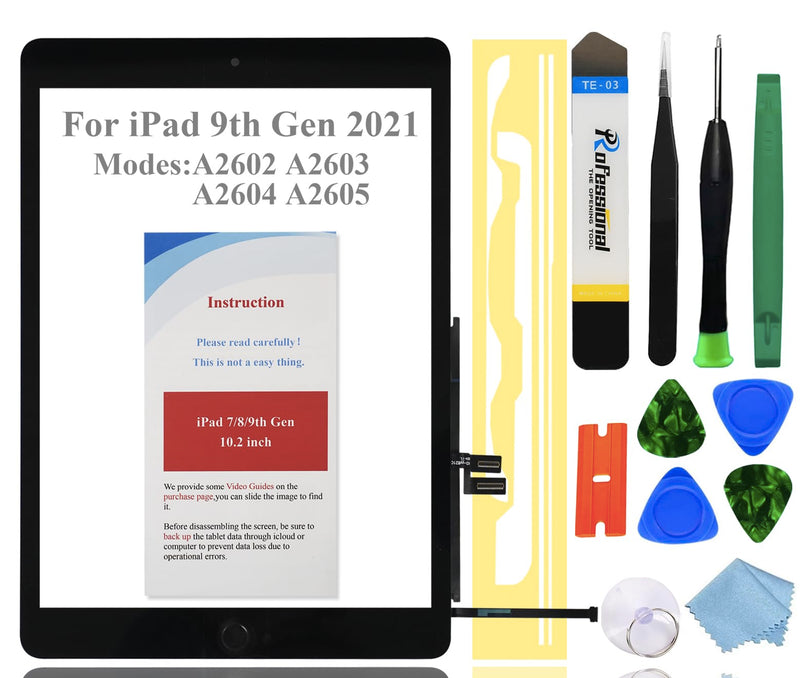 for iPad 9 9th Gen Screen Replacement Digitizer 2021 10.2",for iPad 9th Generation A2602 A2603 A2604 A2605 Digitizer with Home Button, Full Repair Kit[NO Fingerprint Reader] [NO LCD] Black