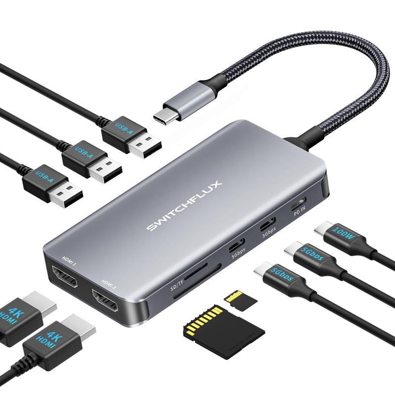USB C Docking Station Dual Monitor, 10 in 1 USB C Hub with Dual HDMI, 100W PD, USB-A/C Data Ports, SD/TF Card Reader, Laptop Docking Station Compatible for Dell XPS HP Lenovo