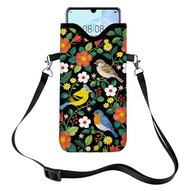 GLOBLELAND Flowers and Birds Cell Phone Sleeve Pouch Case Bag with Crossbody Strap Neck Lanyard for Women Men Flowers Birds