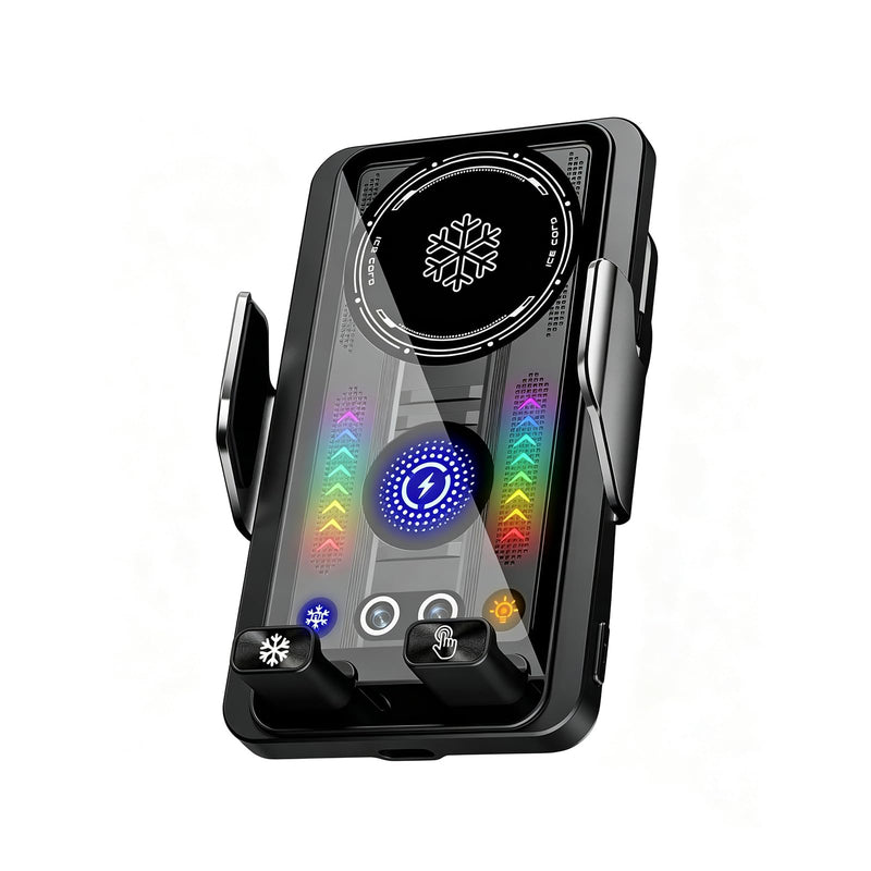 Cooling Charging Car Phone Holder, Smart Car Vent Phone Stand With Induction Auto-Clamping, 15W Wireless Car Charger Mount with RGB Ambient Light, Car Vent Phone Bracket with Cooling Fan for iPhone Black