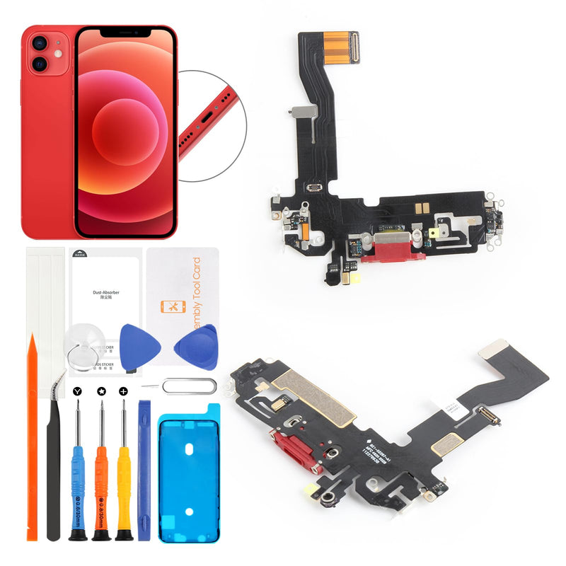 for iPhone 12/12 Pro Lightning Charging Port Replacement Black Dock Connector Flex Cable Assembly with Waterproof Tape & Tool Kit A2172 A2402 A2404 A2403 A2341 A2406 A2407 A2408 (Red) Red