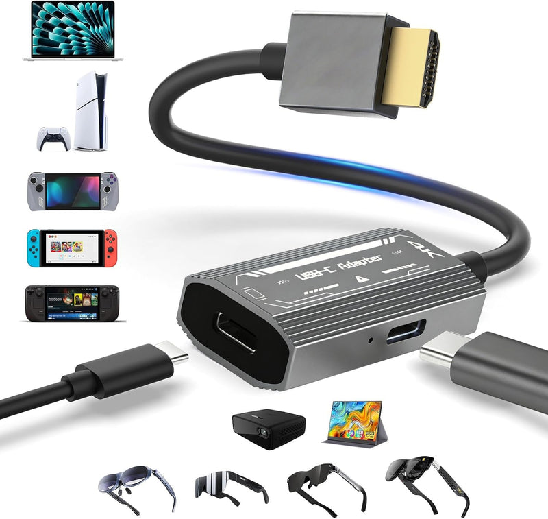HDMI to USB C Adapter 4K@60Hz for AR Glasses - HDMI Source to USB C Display for XREAL One/Air 2 Pro,VITURE Pro,RayNeo,Rokid,Switch 2/1,Steam Deck,PS5/4,Xbox,ROG Ally,Monitor, HDMI Male to USB C Female
