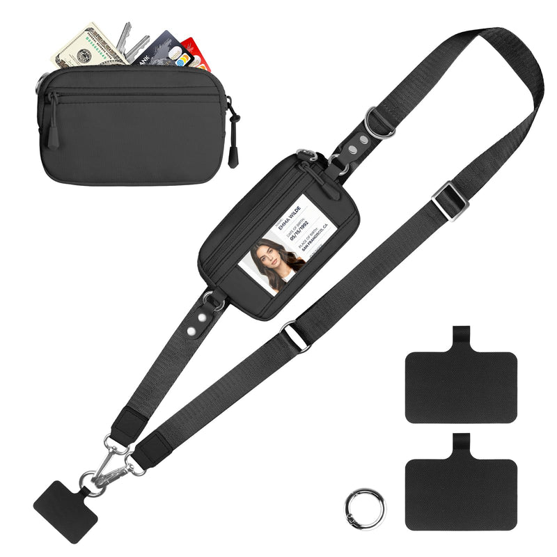 Clip and Go Strap for Phone with Wallet Crossbody, Adjustable & Detachable Phone Lanyard with RFID Wristlet Wallet, ID Window, Zipper, Universal Phone Strap for All Phones, Black (M) Medium