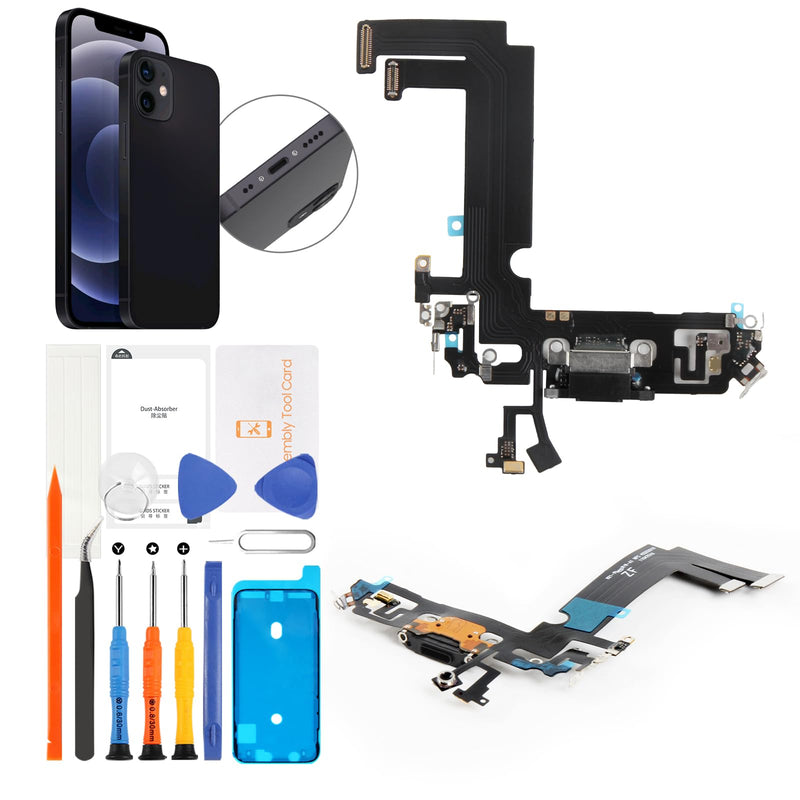 for iPhone 12 mini Lightning Charging Port Replacement Black Dock Connector Flex Cable Assembly with Waterproof Tape & Tool Kit A2176 A2398 A2400 A2399 (Black)