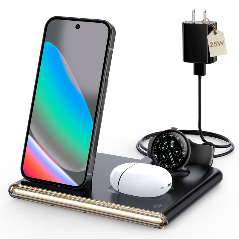 3 in 1 Foldable Wireless Fast Charging Station for Google Pixel Watch 4 | Google Charging Station for pixel 10, Travel Pixel Watch 4 Charger Stand, Light Nightstand Charging Dock (Only for Watch 4) Black