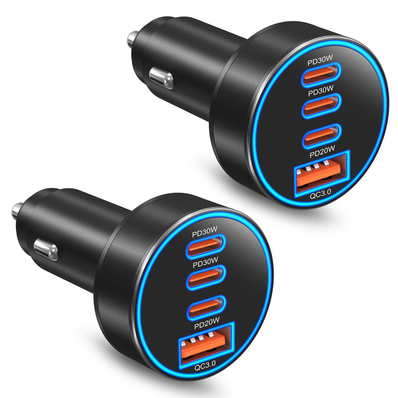 98W 4-Port USB C Fast Car Charger, 2 Pack Type C Cigarette Lighter Adapter | 4 in 1 Fast Car Phone Charger, Dual PD30W &PD 20W & QC 3.0 Cell Phone Car Charger Fast Charging for iPhone 17 16,iPad,Galaxy Black
