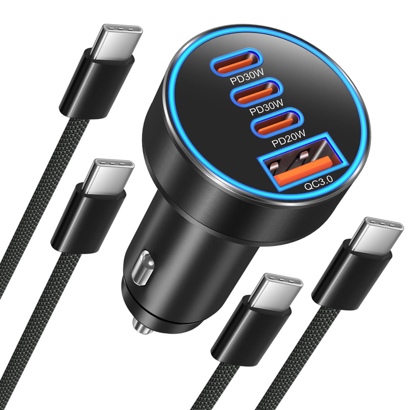 98W Car Charger USB C, 4 Port Fast Cigarette Lighter USB Charger with Cable | 4 in 1 Fast Charging Cigarette Lighter Adapter,Dual PD 30W Type C Car Charger for iPhone 17/16/15 Pro Max,Galaxy,Pixel,iPad Black