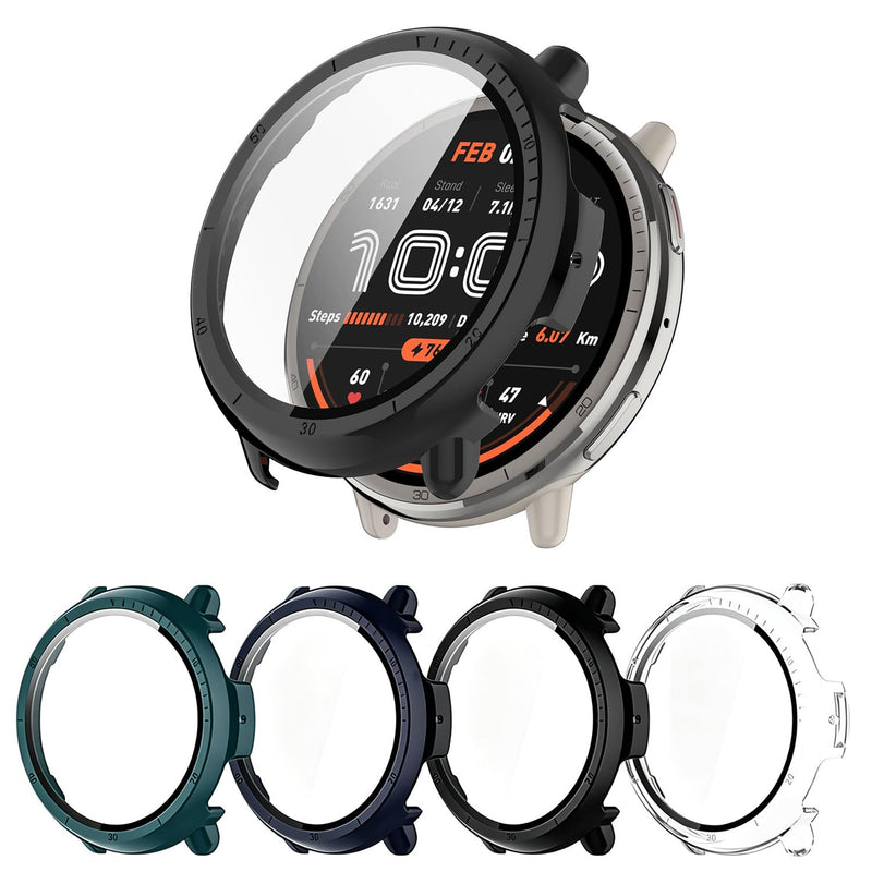 [4-Pack Screen Protector Case for Amazfit Active 2 Smartwatch, Hard PC Bumper & Tempered Glass Film Replacement Cover Accessories Black\ Navy Blue\ Green\ Clear