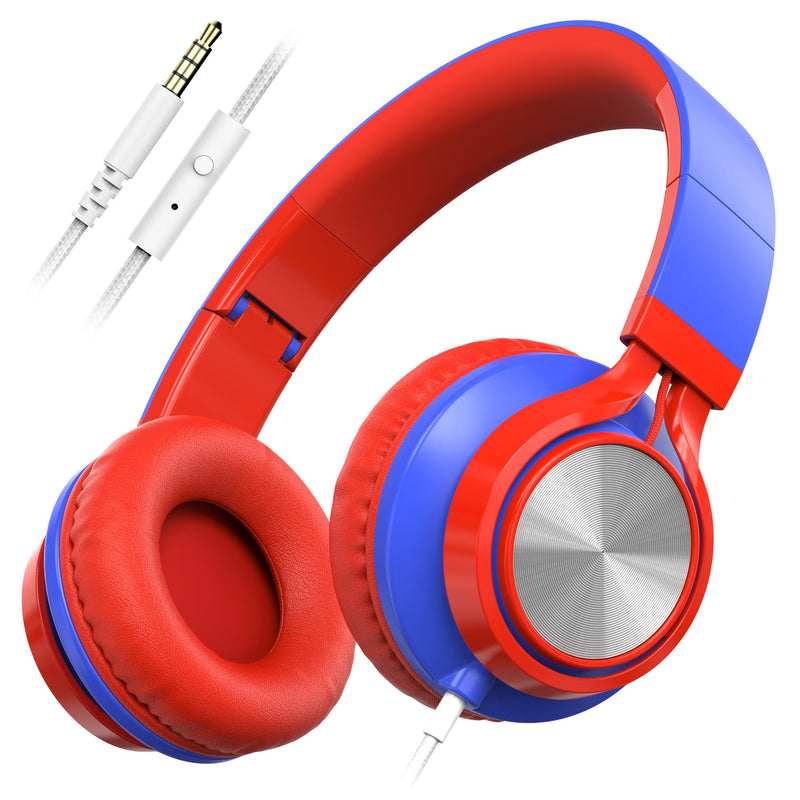 AILIHEN Kids School Headphones with Microphone & 3.5mm Jack, Red Blue | K-12 School Students Use, Travel, Comfortable, Kids & Teens, Duarable, Adjustable & Foldable, For Chromebook & Tablet