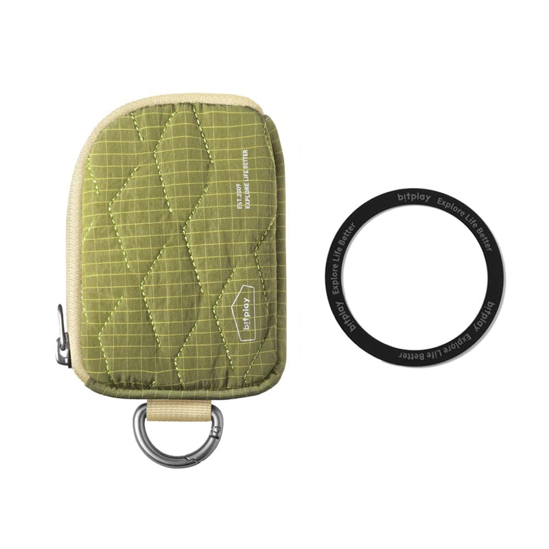 bitplay Magnetic Quilted Mini Pouch, Magsafe Compatible Phone Pouch, Everyday Carry Card Holder with Key Slot, Adhesive Metal Ring Included, Green
