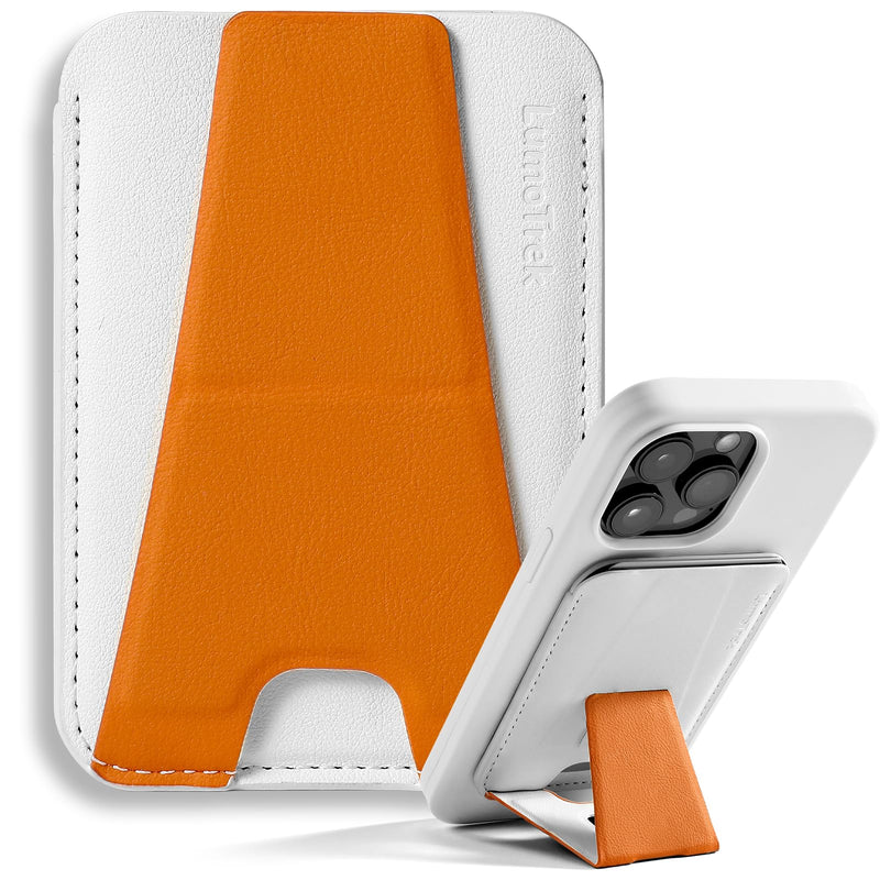 Tap & Go MagSafe Wallet Stand, 1-Card Magnetic Phone Wallet | with Grip, NFC-Friendly Slim Vegan Leather Card Holder, 3 Viewing Modes for iPhone 17/16/15/14/13/12, Black White/Orange