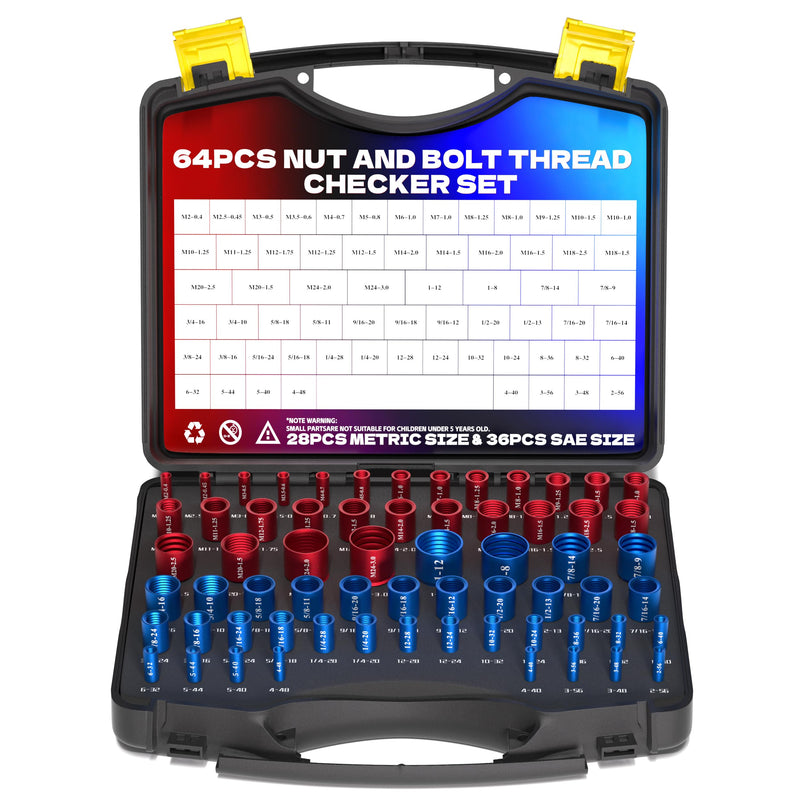KJE 64Pcs Thread Checker, Nut and Bolt Thread Checker Set with 36 Standard & 28 Metric Sizes Thread Gauges, Detachable Individual Thread Identifier for Quick Size Checking in Narrow or Tight Areas