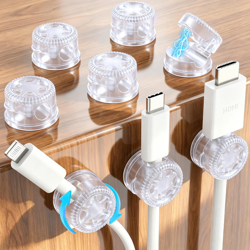 AGPTEK 8 Pack Magnetic Cable Clips, 360° Rotatable Cord Holder, Clear | Adhesive Desk Cord Organizer for Nightstand, Home Office Wire Management Wire Keeper for Phone Charger USB Charging Cables