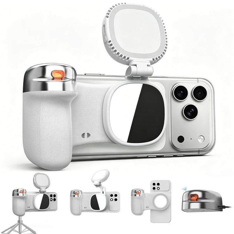 Magnetic Phone Camera Grip Creator Kit with Selfie Light & Wireless Shutter | Creator kit for steadier selfies, videos, TikToks, Zoom calls, and product shots with adjustable light and remote shutter. White