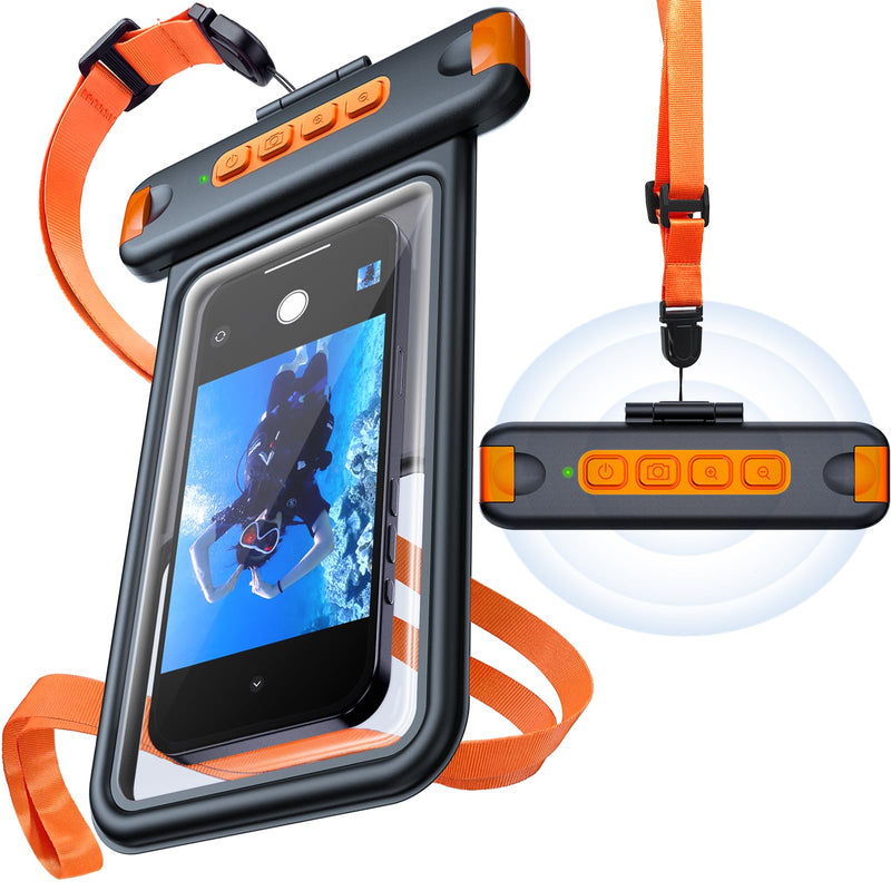 IP68 Bluetooth Shutter Waterproof Phone Pouch Case,Floating,Black | Hands-Free Photo & Video Underwater Control.Large Waterproof Phone Case Universal Fit for 8.5" Phone(iPhone Samsung Google) Black