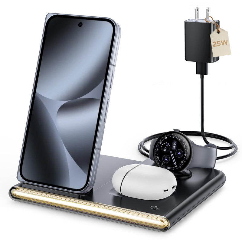 3 in 1 Wireless Charging Station with Night Light for Google Pixel Watch 4 | Google Wireless Charger for Pixel 10, Night Light Charging Dock, Travel Pixel Phone Charger Stand(Only for Google Watch 4) Black