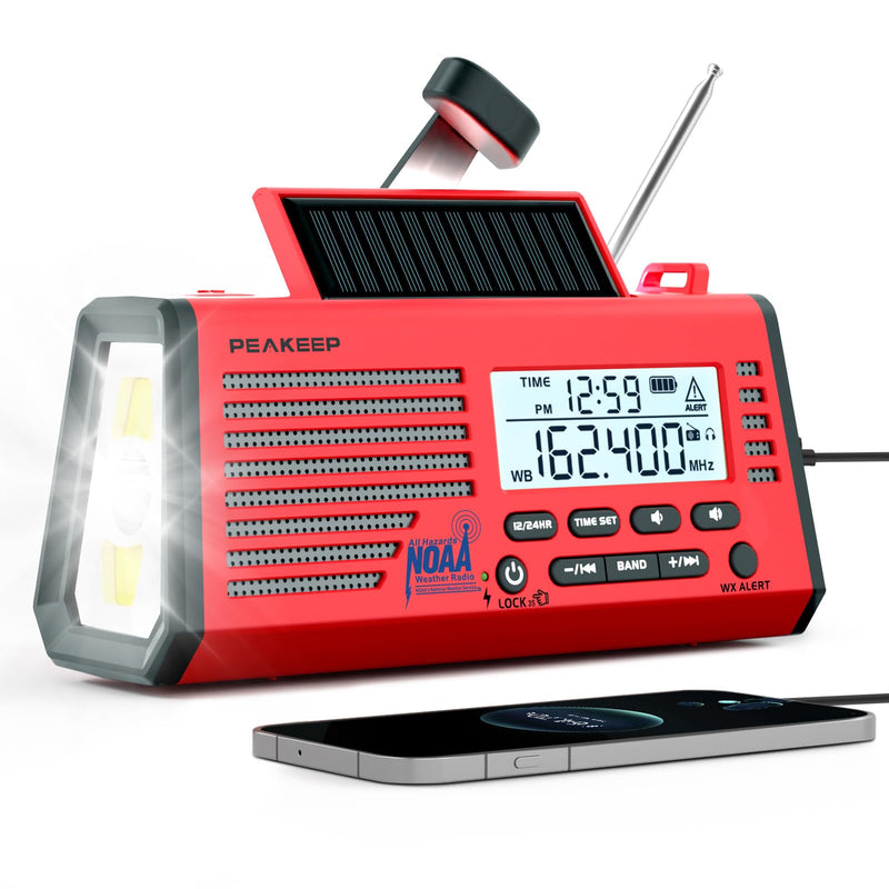 Peakeep Emergency Radio NOAA Weather Alert Battery Solar Crank Powered | AM FM SW Portable Radio, Rechargeable Battery Backup18500mWh, SOS Flashlight Lamp for Home Car Camping Storms Blackouts Prep Red with Black