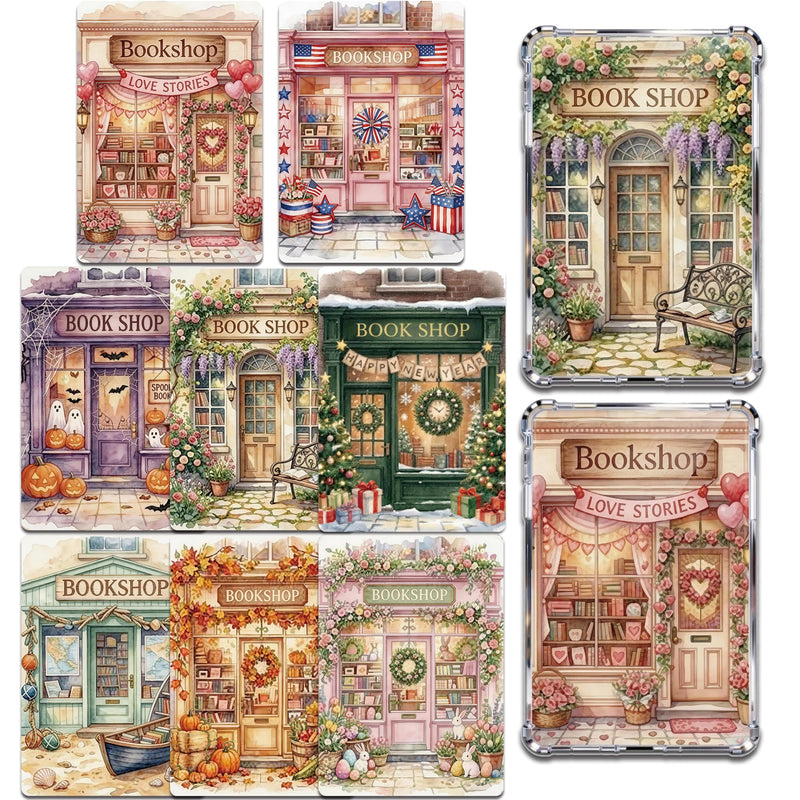 8PCS Seasonal Bookshop Kindle Insert Cardstock for Clear Case, Aesthetic Bookstore Back Inserts for E-Reader, Holiday & Year-Round Designs for 6.8'' Devices, Book Lover Accessories Gift Seasonal Bookshop Insert for Kindle Case