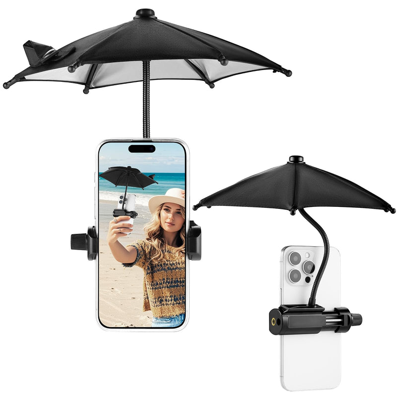 OUTXE Strong Clip Phone Umbrella for Sun, Mini Tanning Shade Cover for Cell iPhone/Android (Black) 2-Pack