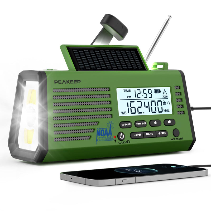 Peakeep Emergency Radio NOAA Weather Alert Battery Solar Crank Powered | AM FM SW Portable Radio , Rechargeable Battery 18500mWh, SOS Flashlight Lamp for Home Car Camping Storms Blackouts Prep Green with Black