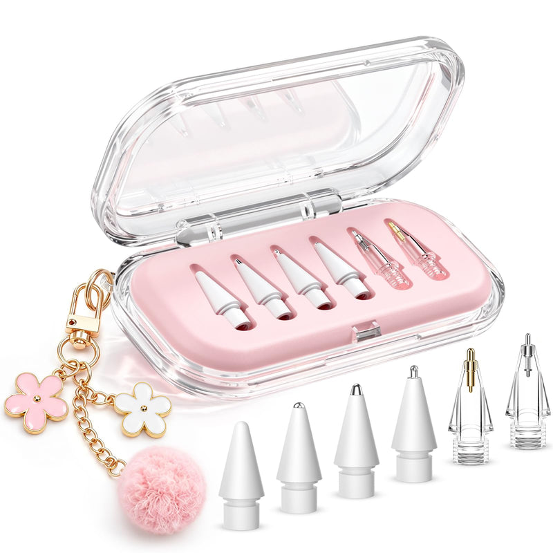 6 Pack Replacement Pencil Tips for Apple Pencil Pro/2nd/1st/USB-C (Pink) | Durable Mixed Stylus Tips with Storage Case & Floral Keychain for Women,for iPad Pro/Air/Mini, Ideal for Writing & Drawing Clear Pink