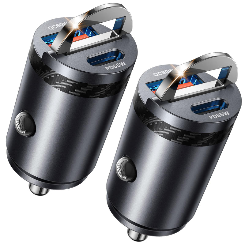 【Upgraded】 2-Pack 125W Fast Car Charger, Mini Flush Fit USB C Car Adapter | Dual Port [65W PD & 60W QC] Cigarette Lighter USB Charger, Pull Ring Car Accessories for iPhone 17 Pro Max, Samsung, MacBook