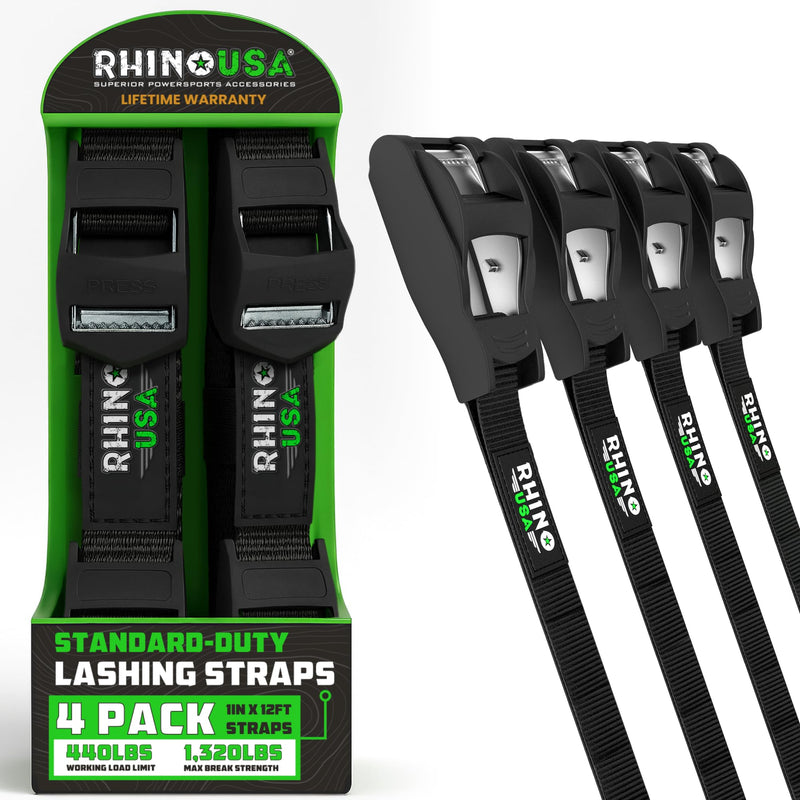Rhino USA Lashing Straps (4-Pack), Heavy Duty Cam Buckle Tie Down Straps, 1in x 12ft Pull Straps, 1320lb Break Strength, Roof Rack Straps for Kayak, Cooler, Cargo Black - Retail