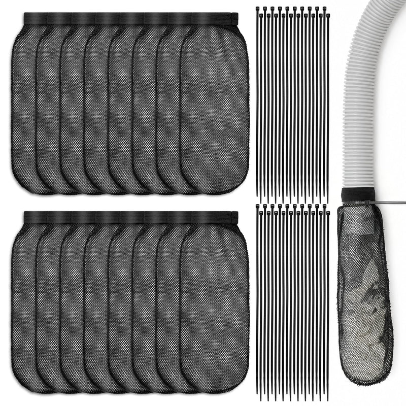 64-Piece Lint Trap and Cable Ties Set, Black | 16 Nylon Mesh Lint Traps, 48 Cable Ties, For Washing Machine, Easy and Effective Lint Filtration 16pcs Black