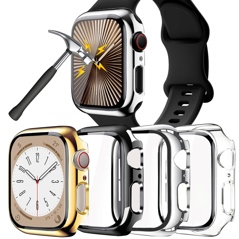 4 Pack Hard Case for Apple Watch Screen Protector Compatible with Apple Watch 40mm SE 3/2nd/Series 6/5/4 with Tempered Glass Screen Protector, Full Coverage Anti-Scratch Plated PC Cover Case Black/Gold/Silver/Transparent 40mm Series 4/5/6/SE/SE 2nd