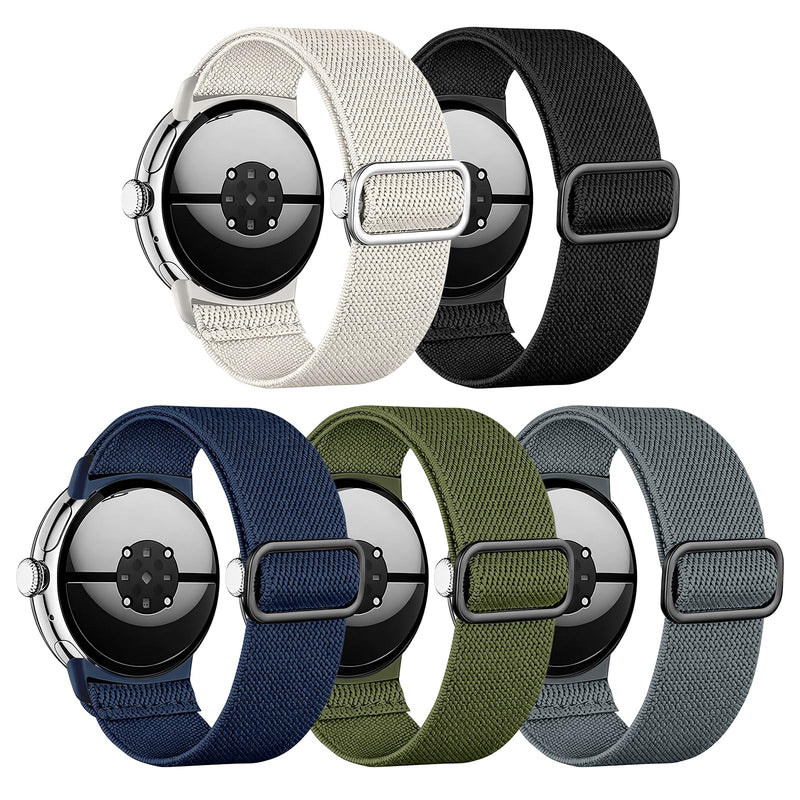 5 Pack Stretchy Bands Compatible with Google Pixel Watch 4 Band 45mm / Pixel Watch 3 Band 45mm for Women Men, Soft Nylon Breathable Sport Strap for Google Smartwatch 4 3 (45mm) Black/Dark Blue/Army Green/Dark Gray/Starlight (45mm) for Pixel Watch 4/3