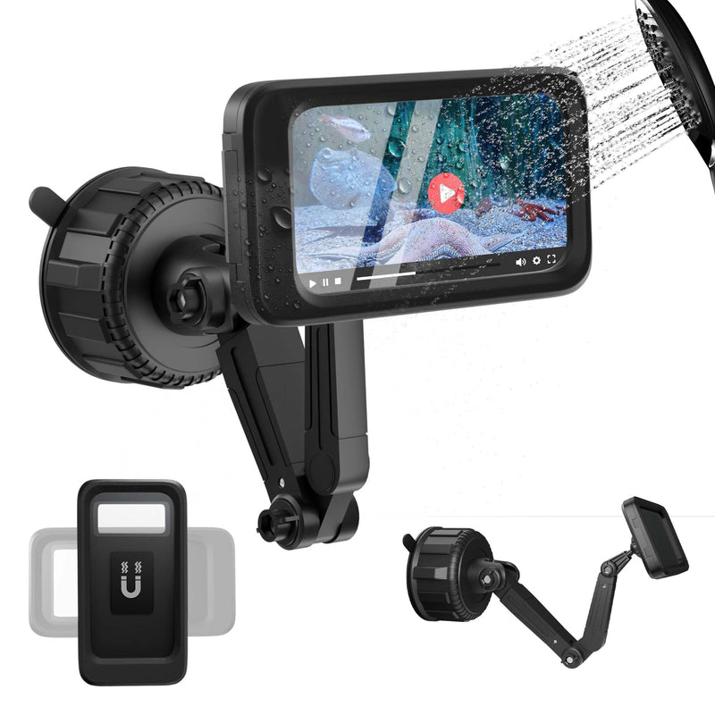 Shower Phone Holder Waterproof, Fits Phone with Case up to 6.7" | 360° Rotation & Multi-Angle Adjustable Arm Twist-Lock Suction Phone Holder Shower,Anti-Fog & Sensitive Touch Screen Case Black