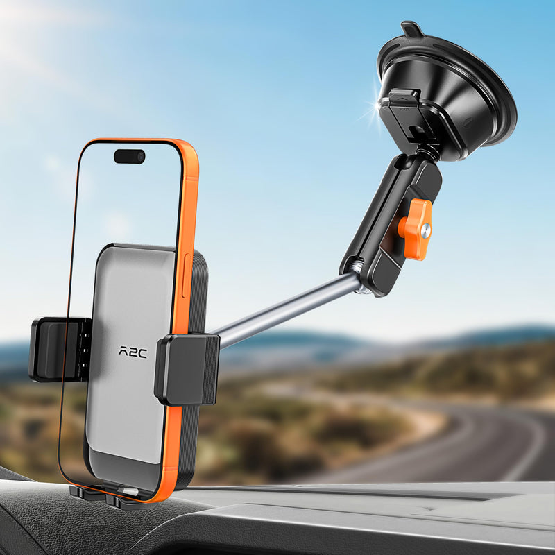 A2C 12" Anti-Shake Metal Arm Windshield Phone Mount, Suction Phone Mount | Heavy-Duty Vacuum Dual Suction Cup, One-Hand Release, 360° Rotation, for iPhone & Most Smartphones, Fits Car, Truck & Pickup Extended