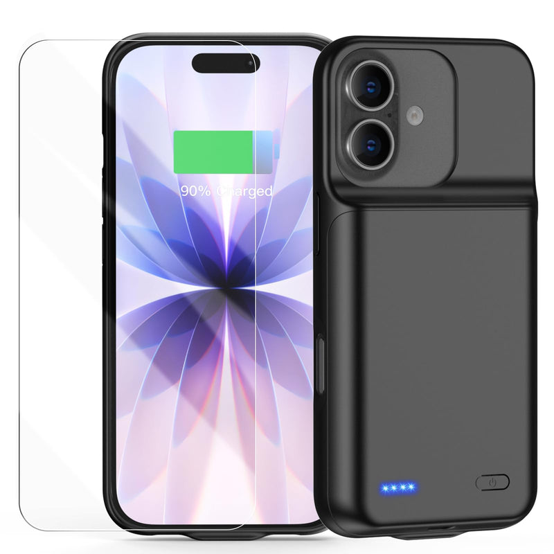 Battery Case for iPhone 17(6.3 inch), 2026 Upgraded 7000mAh Ultra-Slim Charging Case Poratble Rechargeable Extended Charger Case Battery Pack with Tempered Glass Screen Protector Black