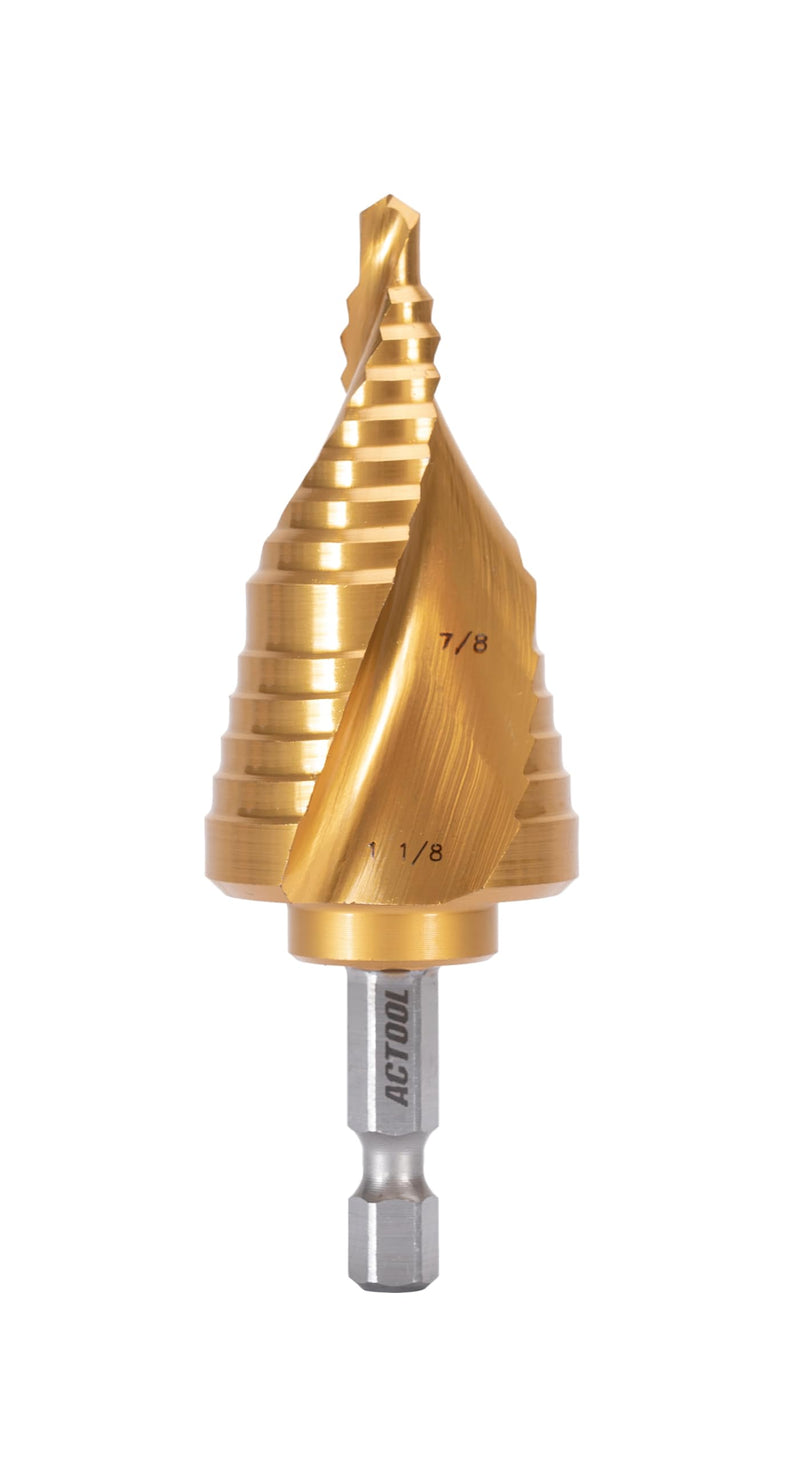 Industrial HSS Step Drill bit 7/8''-1-1/8'' with 1/4'' Hex Shank, Unibit Double Spiral Flute with TiN Coating for Metal, Stainless Steel, Aluminum, Plastic 7/8''-1-1/8''