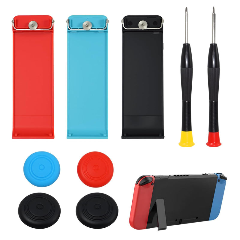 7 Pcs Kickstand Replacement for Nintendo Switch, Kickstand Replacement Back Stand Holder with 3 Colors Kickstand and 4 Thumbstick Caps, Durable Console Accessories with Screwdrivers