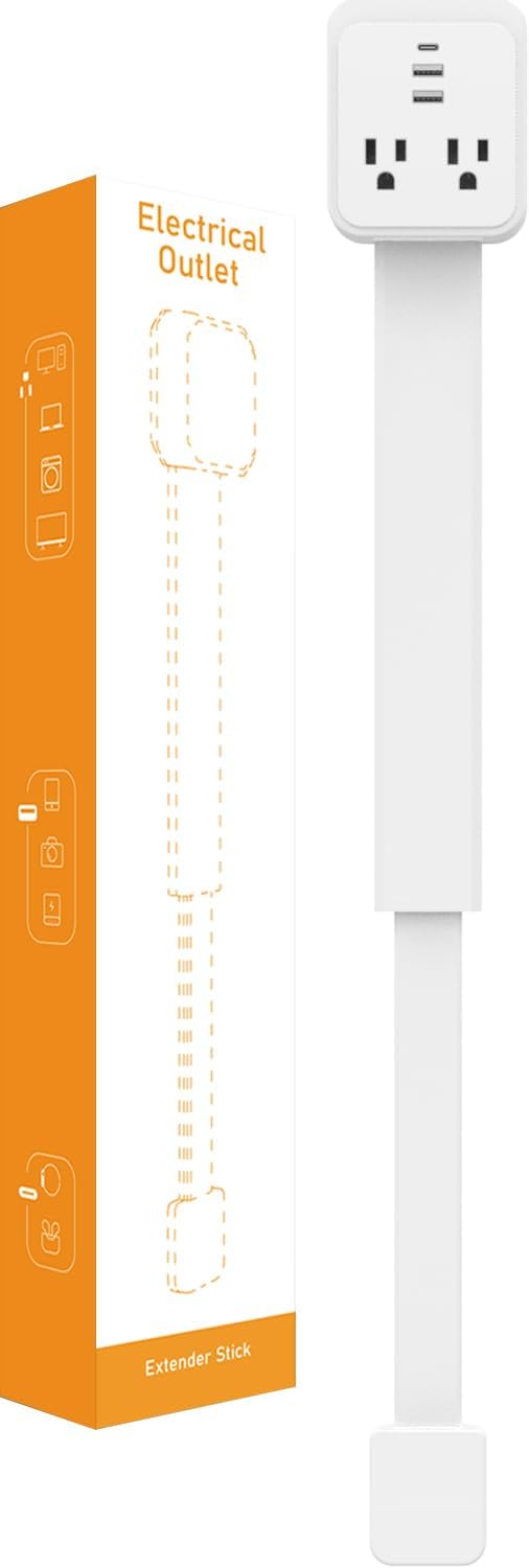 Outlet Extender Stick 17.2''–25.8'' Adjustable with USB C & 2 USB Ports, Electrical Outlet Extender with 2 AC Outlets, Flexible Rotat Plug for Multi-Angle Use in Home, Office, RV Tight Spaces White